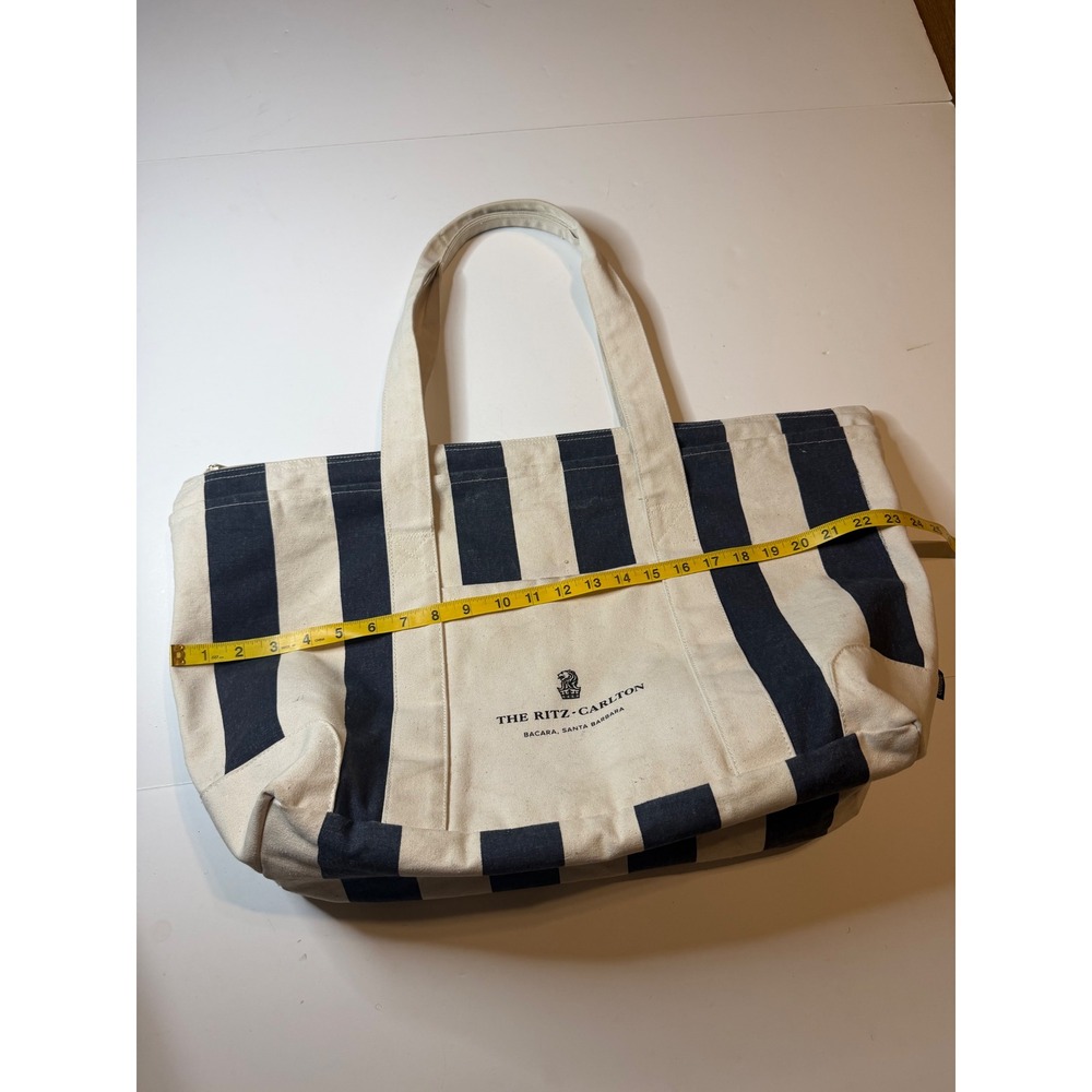 The Ritz-Carlton Bacara Santa Barbara Canvas Tote Bag Navy Stripe Gemline Zipper - Picture 9 of 10
